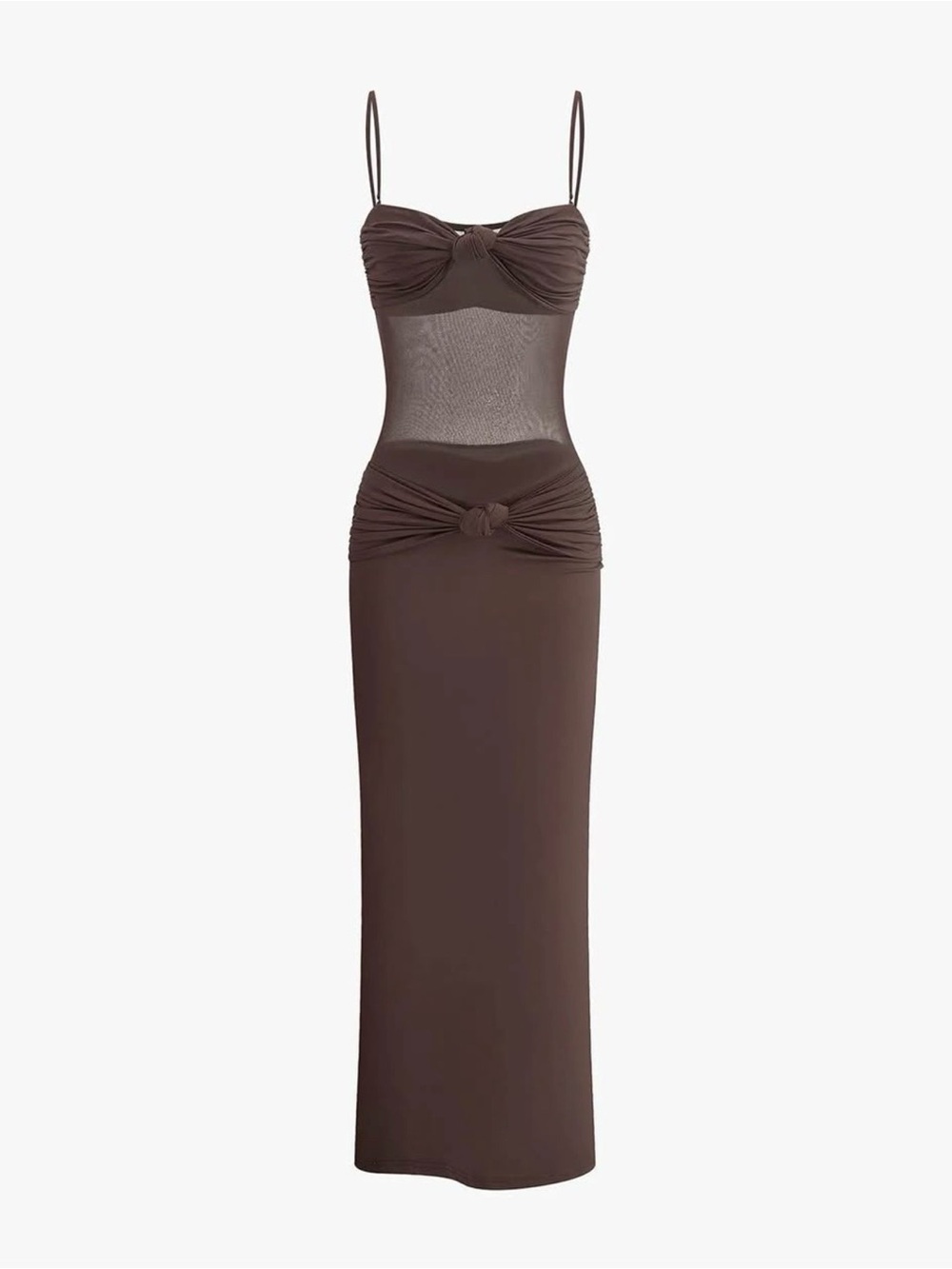 Commense Brown Sheer-Panel Knot Maxi Dress